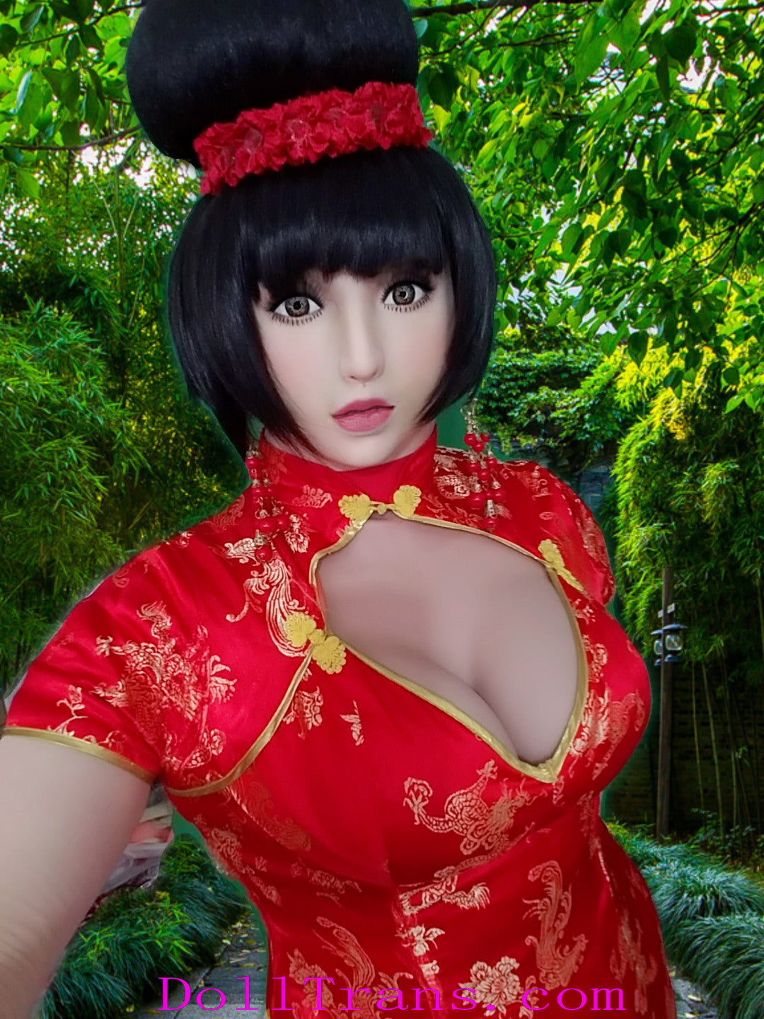 Yukio doll with red china dress and D-cup silicone boobs