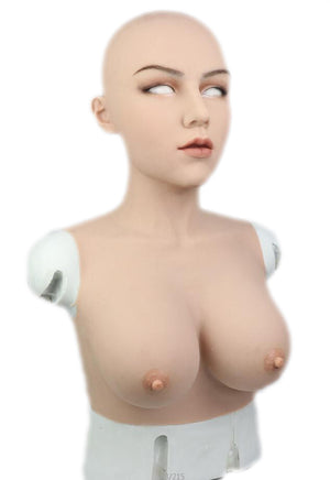 Full head Silicone Female Mask Babala with E Cup Breasts Pull-Over Hood Corssdress Cosplay for TG CD Dragqueen Ladyboy with Cleavage and Realistic trembling Feeling