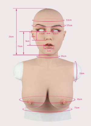 Full head Silicone Female Mask Babala with E Cup Breasts Pull-Over Hood Corssdress Cosplay for TG CD Dragqueen Ladyboy with Cleavage and Realistic trembling Feeling
