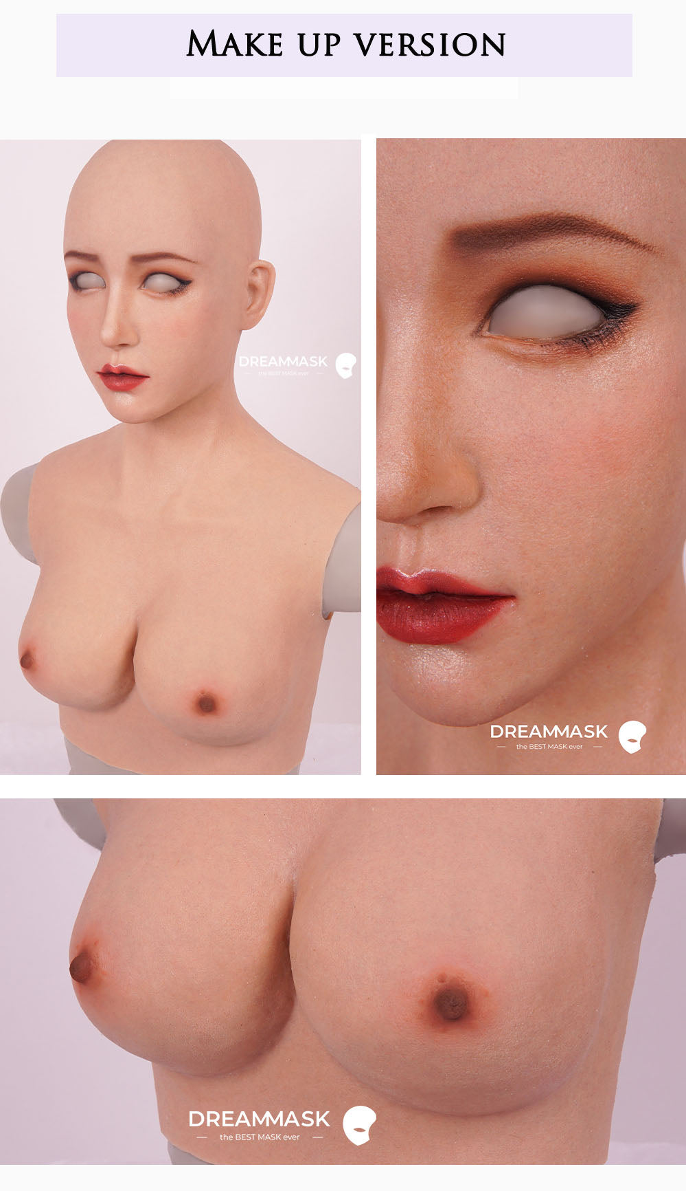 Full head Silicone Female Mask Hebe with C Cup Breasts Pull-Over Hood Corssdress Cosplay for TG CD Dragqueen Ladyboy with Cleavage and Realistic trembling Feeling